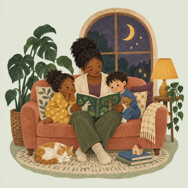 Storybook illustration of a caregiver reading with two children beside a moonlit window.